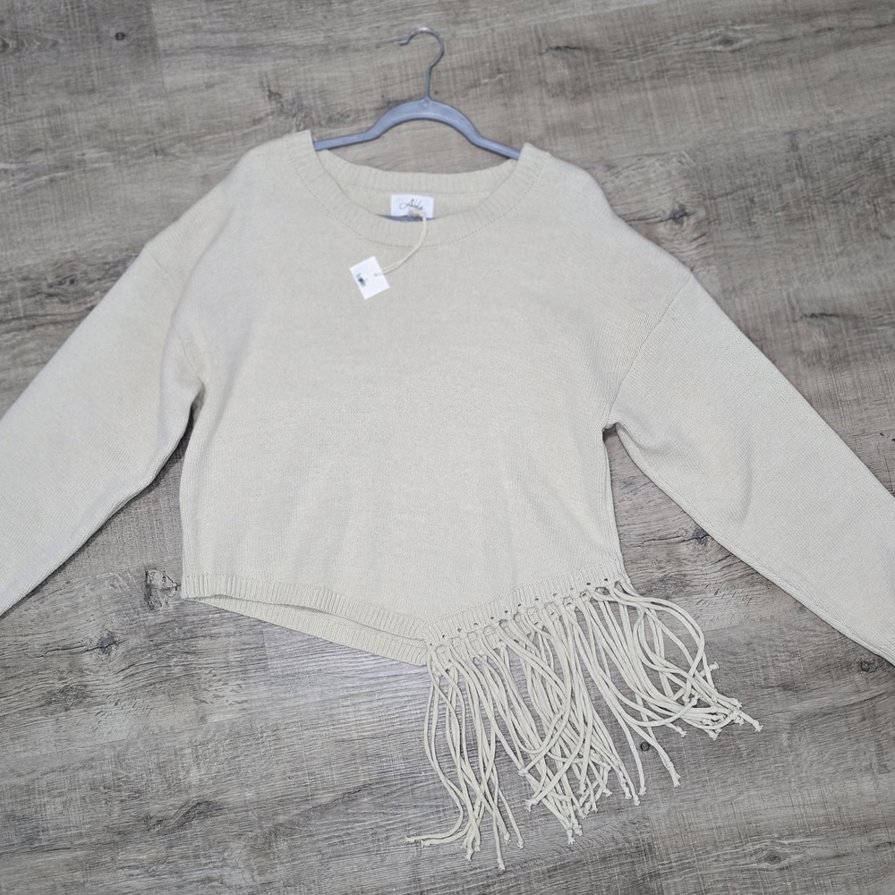 Fringe Hem Sweater Women’s Size L Cream Cotton Blend Boho Western Indie Festival